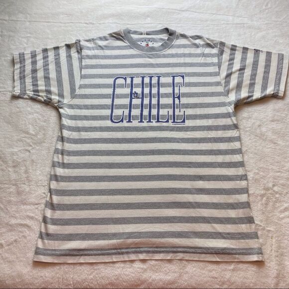 Chile Tees Gray White Striped Short  Sleeve Tee Size Large - Picture 1 of 10